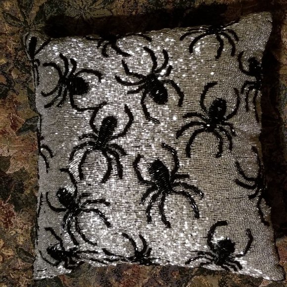 Vintage, hand beaded glass spiders & sparkly glass beads cushion, Noir Night - Picture 4 of 15